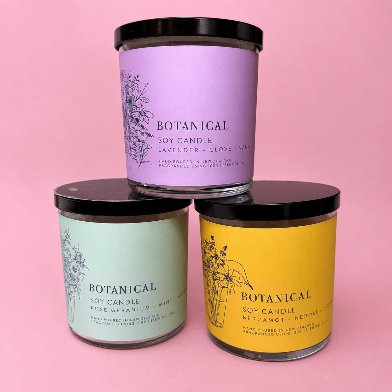 Hand poured botanical soy candles with essential oils.  Made in New Zealand 